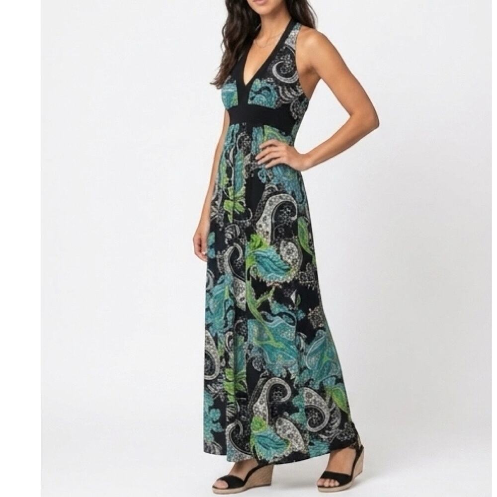 Bisou Bisou Aqua Blue & Black Paisley Halter Maxi Dress – Size 14